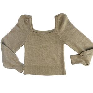 Anthropologie Square Neck Puffed Sleeve Beige Tan Pullover Knit Sweater Size S
